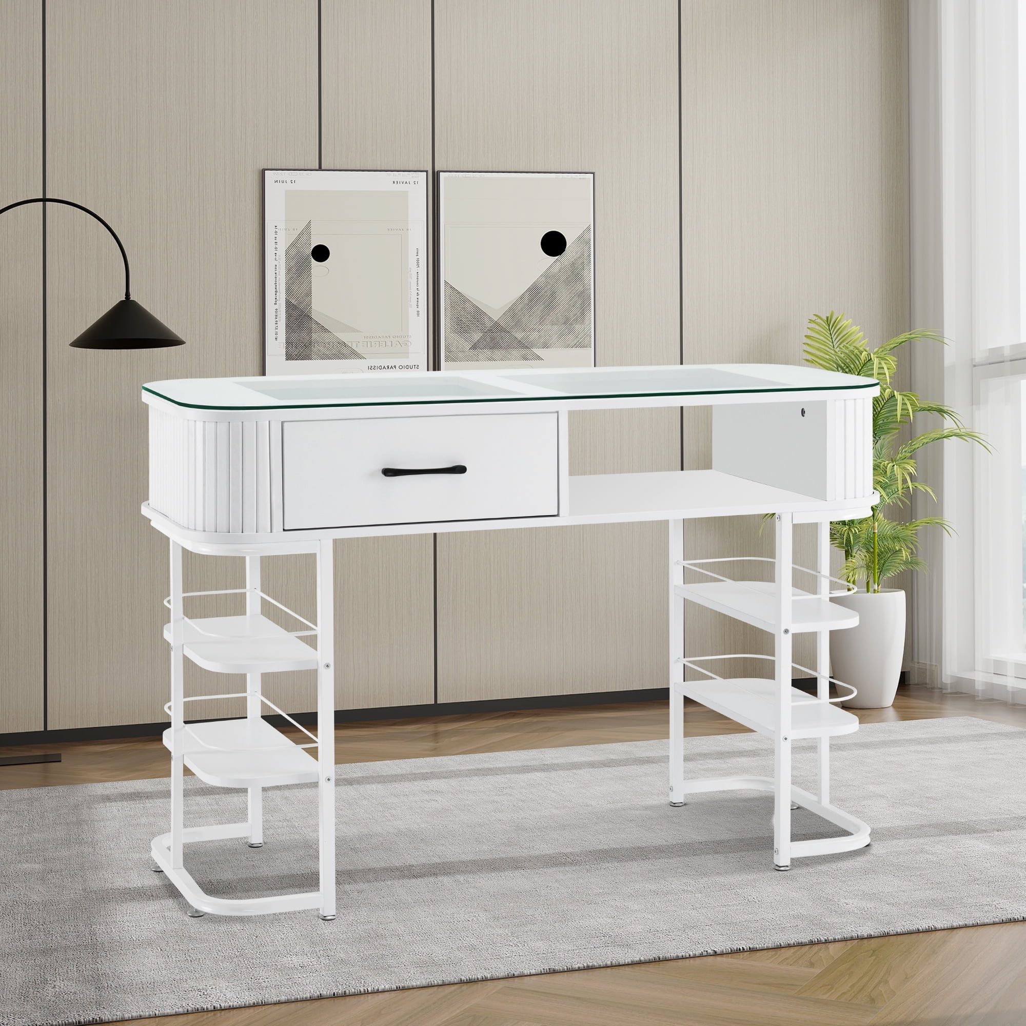 BarberPub Manicure Table Acetone-Resistant Nail Tech Desk with Glass Top, Storage Shelves Beauty Makeup Station(White)