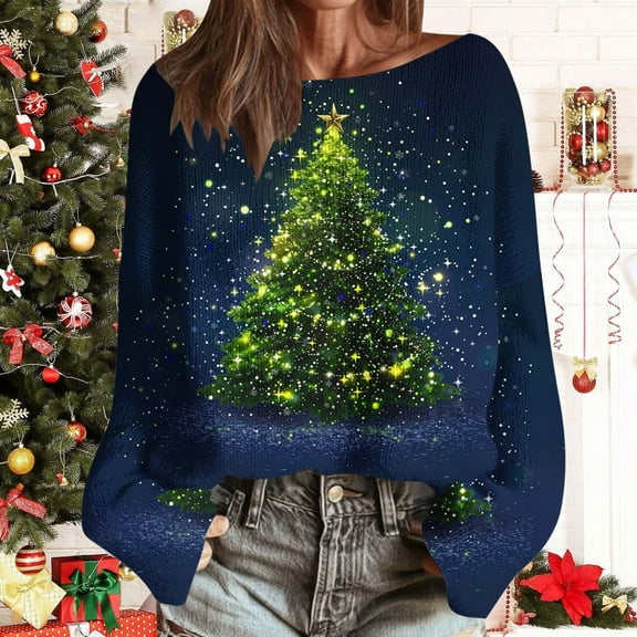 Fengqque Women's Christmas tree Printed Casual Round Neck Long Sleeved Autumn Fashion Pullover Sweater Top Blue XL(XL)