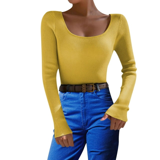 Suéter Divertido Gibobby de Manga Larga con cuello en U de color sólido para mujer Amarillo M