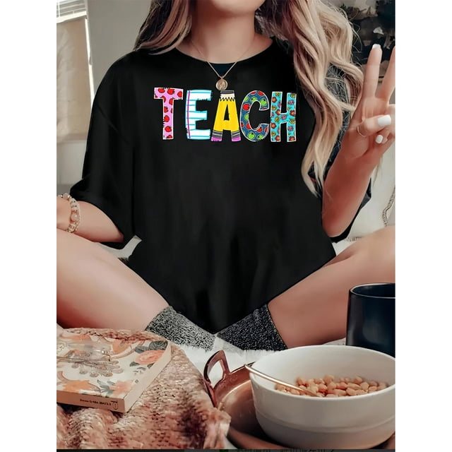 1pc Women'S Casual Crew Neck T-Shirt with Colorful Geometric-Patterned "TEACH" Print, Fashionable Short Sleeve Knit Fabric Top for All Seasons, Comfortable Polyester with Medium Stretch