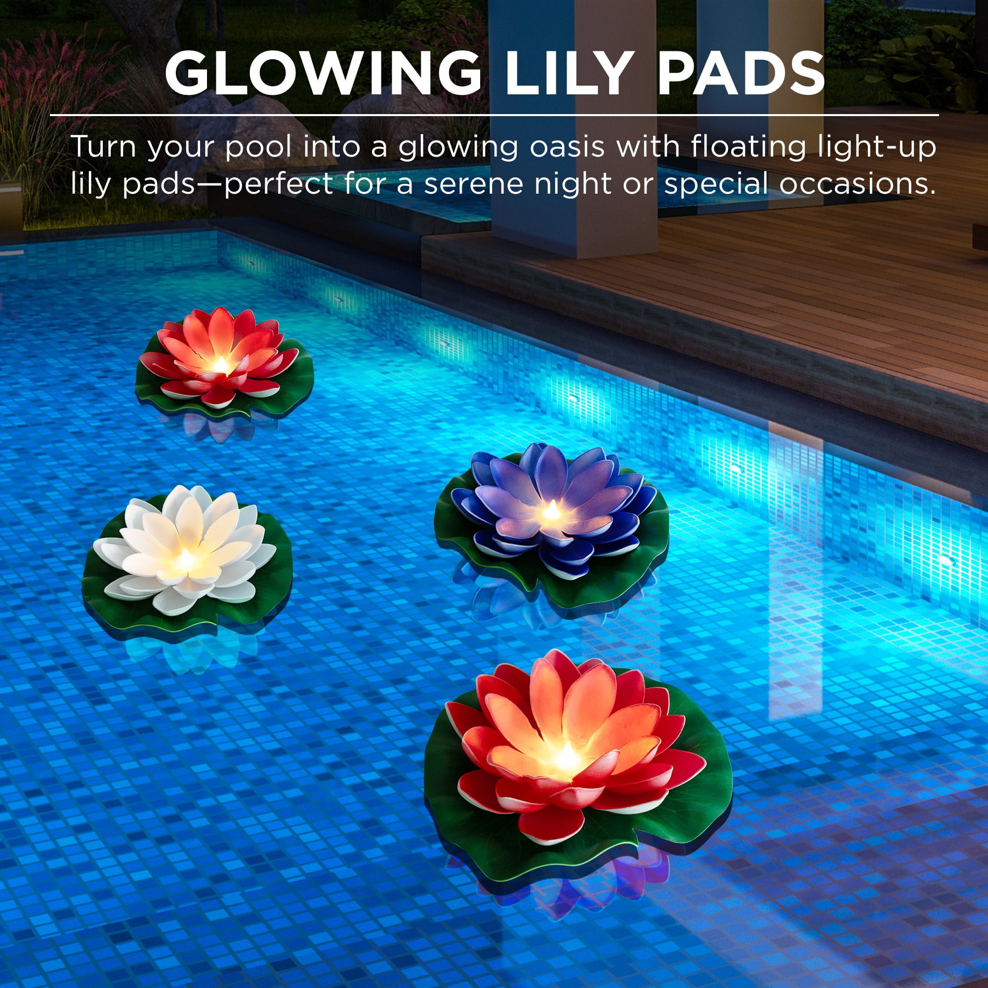 Merkury Innovations 4pk 7” Floating LED Lily pads for Ponds & Pools - Warm White Flickering Lights, Outdoor Decoration