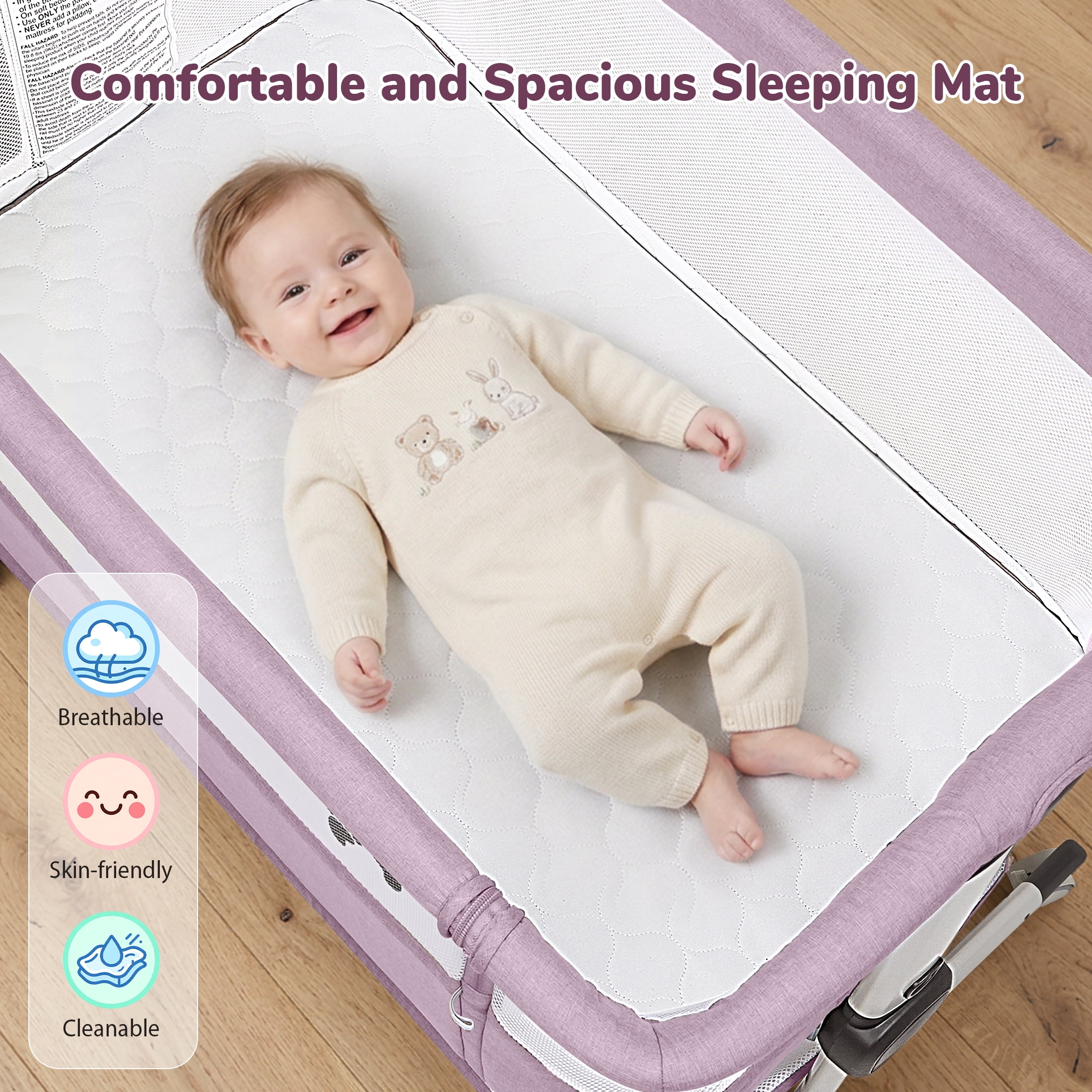 Minikid 3-in-1 Baby Bassinet Bedside Sleeper, 6 Height Adjustments, Full Mesh Breathable, Portable Newborn Baby Crib with Storage Basket, Pinkish Purple