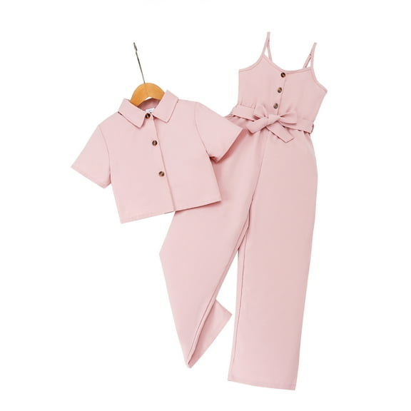 Kucnuzki 7 Years Big Girls Pant Sets 8 Years Youth Teen Kids Summer Outfits Sleeveless Wide Leg Pants Jumpsuit Short Sleeve Button Down Shirt Crop Top 2pcs Clothes Light Pink