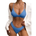thumbnail image 2 of Women's Two Piece Swimsuit Ribbed Trim Solid Color Bikini Set for Swimming Beach Pool Summer,Dark Blue,S, 2 of 4