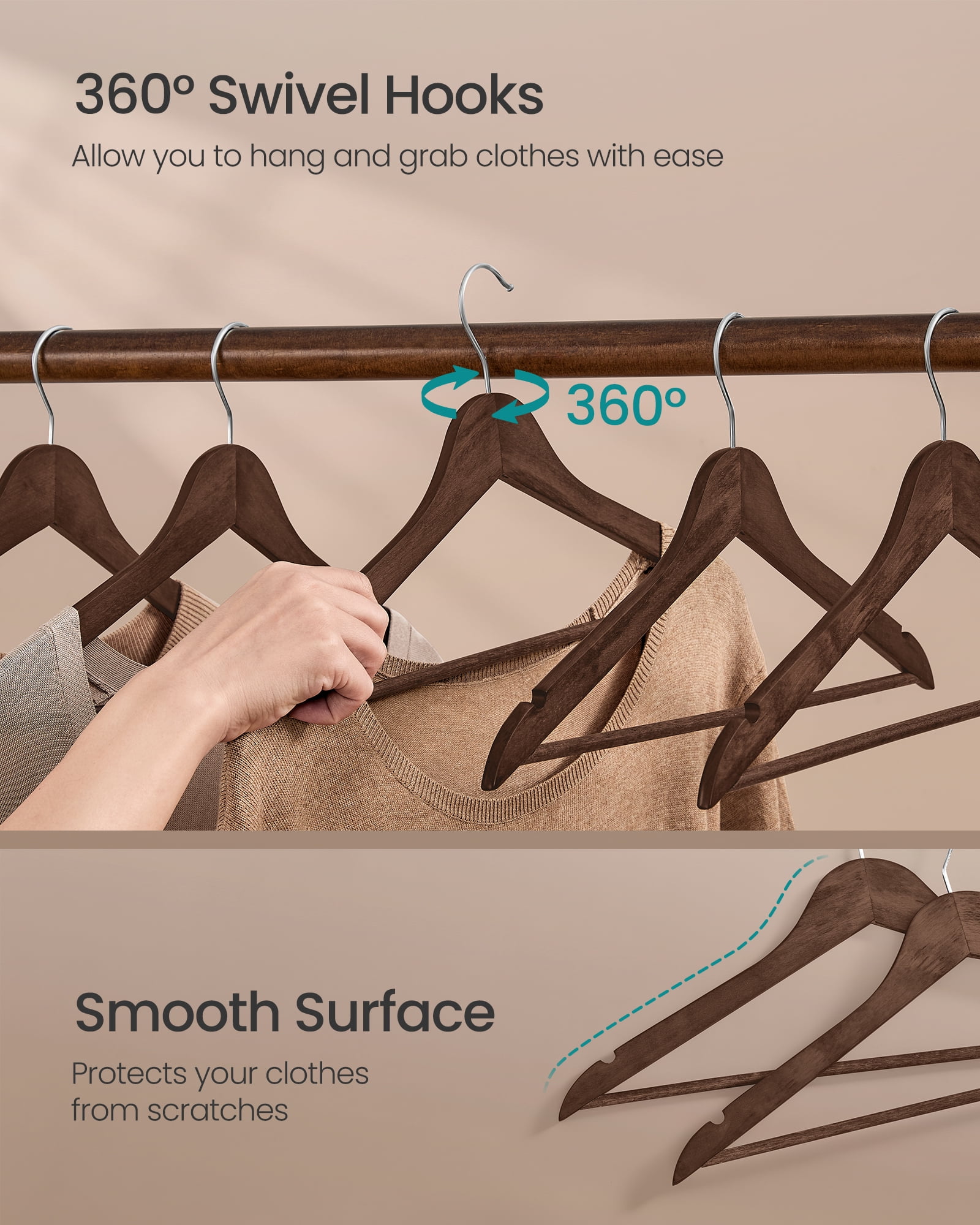 30-Pack Solid Birch Wood Hangers with Pants Bar & 360° Swivel Hooks, Space Saving Closet Organizers for Jackets Coats, Walnut Brown