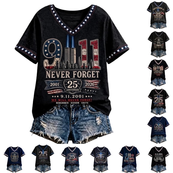 9/11 25th Anniversary Shirt Womens WE Will Never Forget Tee Shirts | Lightweight Fabric, V Neck Short Sleeve Tops, American Flag, 2001-2026 25Th Anniversary Tops, Patriotic Honor Tee Shirt Brown,L