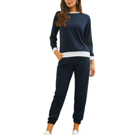

MAWCLOS 2 Piece Workout Set Women Soft Lounge Pajamas Homewear Patchwork Round Neck Running Sports Suit Yoga Outfits