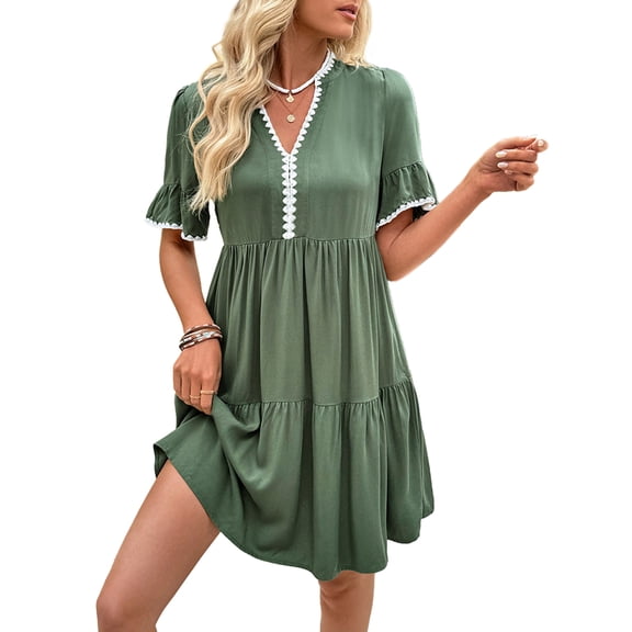 Women V Neck Flowy Babydoll Dresses 2025 Summer Short Sleeve Swing Shift Loose Casual Summer Mini Tunic Dress Green S