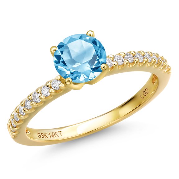 Gem Stone King 14K Yellow Gold Swiss Blue Topaz and Lab Grown Diamond Engagement Ring for Women | 1.16 Cttw | Round 6MM | Gemstone November Birthstone | Size 9