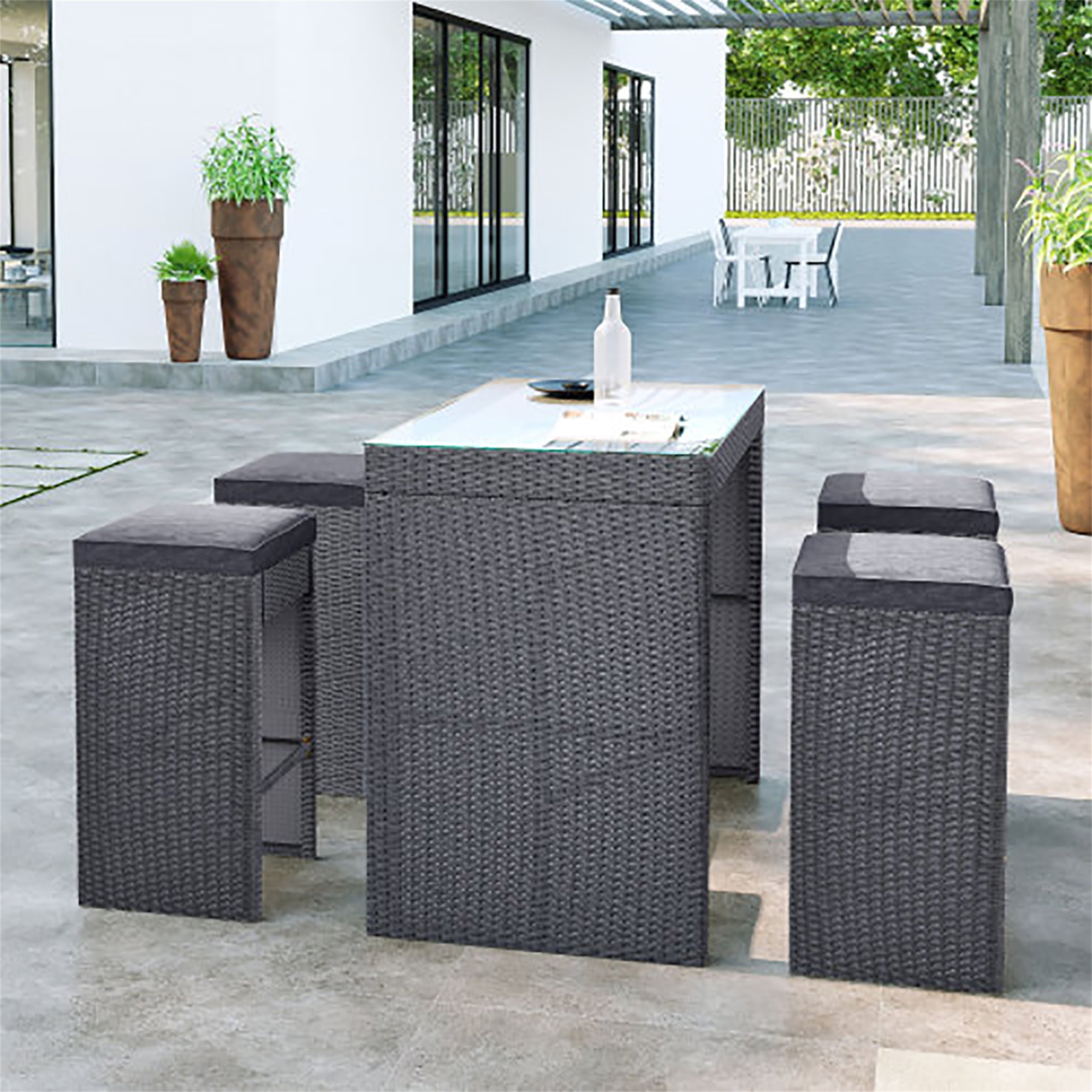 Kadyn Outdoor Patio 5-Piece Rattan Dining Table Set, PE Wicker Bar Furniture Set with with 4 Stools, Gray Cushion+Gray Wicker (Gray + Rattan)