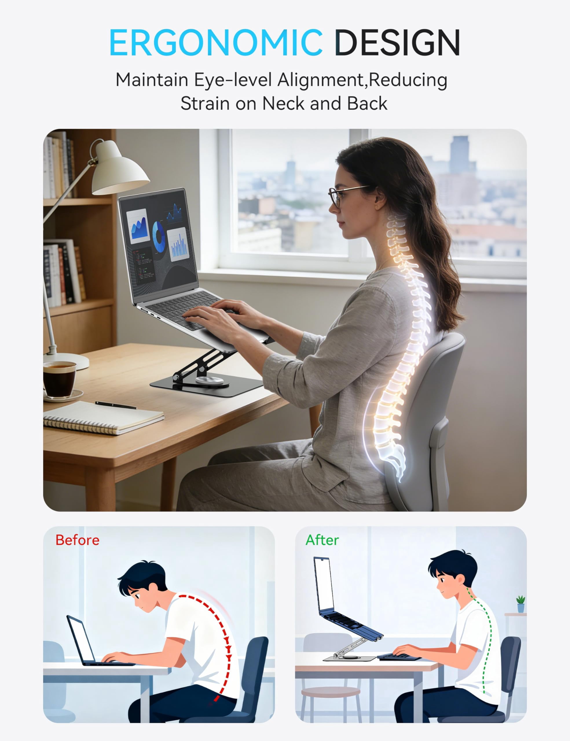 360 Rotating Laptop Stand  Computer Riser For Desk Adjustable Height Multi-angle Metal Holder Foldable Portable Notebook Elevating Base Office & Home Black