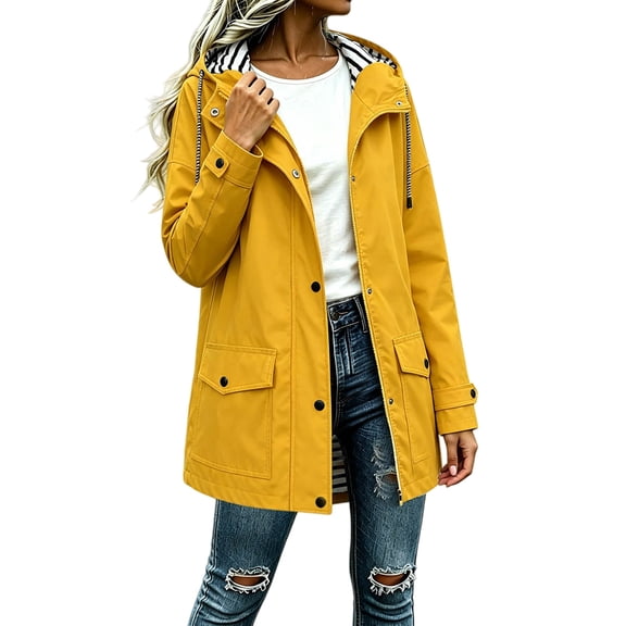 Hueook Coat for Women Hooded Long Sleeve Button Up Casual Rain Trench Coat with Pockets Yellow 2X