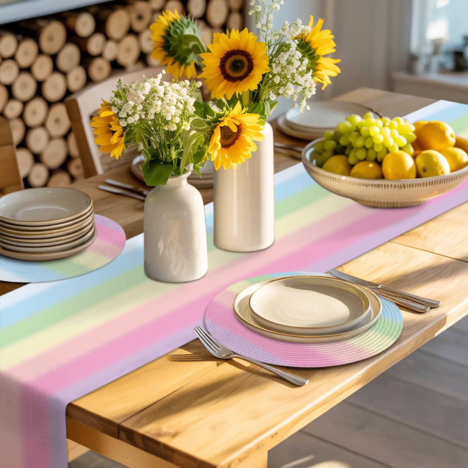 Rainbow Minimalnist Stripe Round Table Placemats set of 8, Candy Texture Washable Woven Place Mats for Dining Tables Kitchen Party Decor,Heat Proof, 13in,