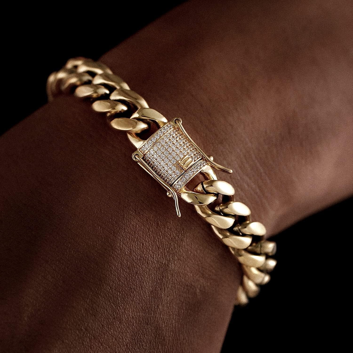 Leander 14K Gold-Plated Miami Cuban Chain, 316L Stainless Steel Necklace or Bracelet with Ice Diamond Clasp, Perfect for Men and Women (Christmas Gift)
