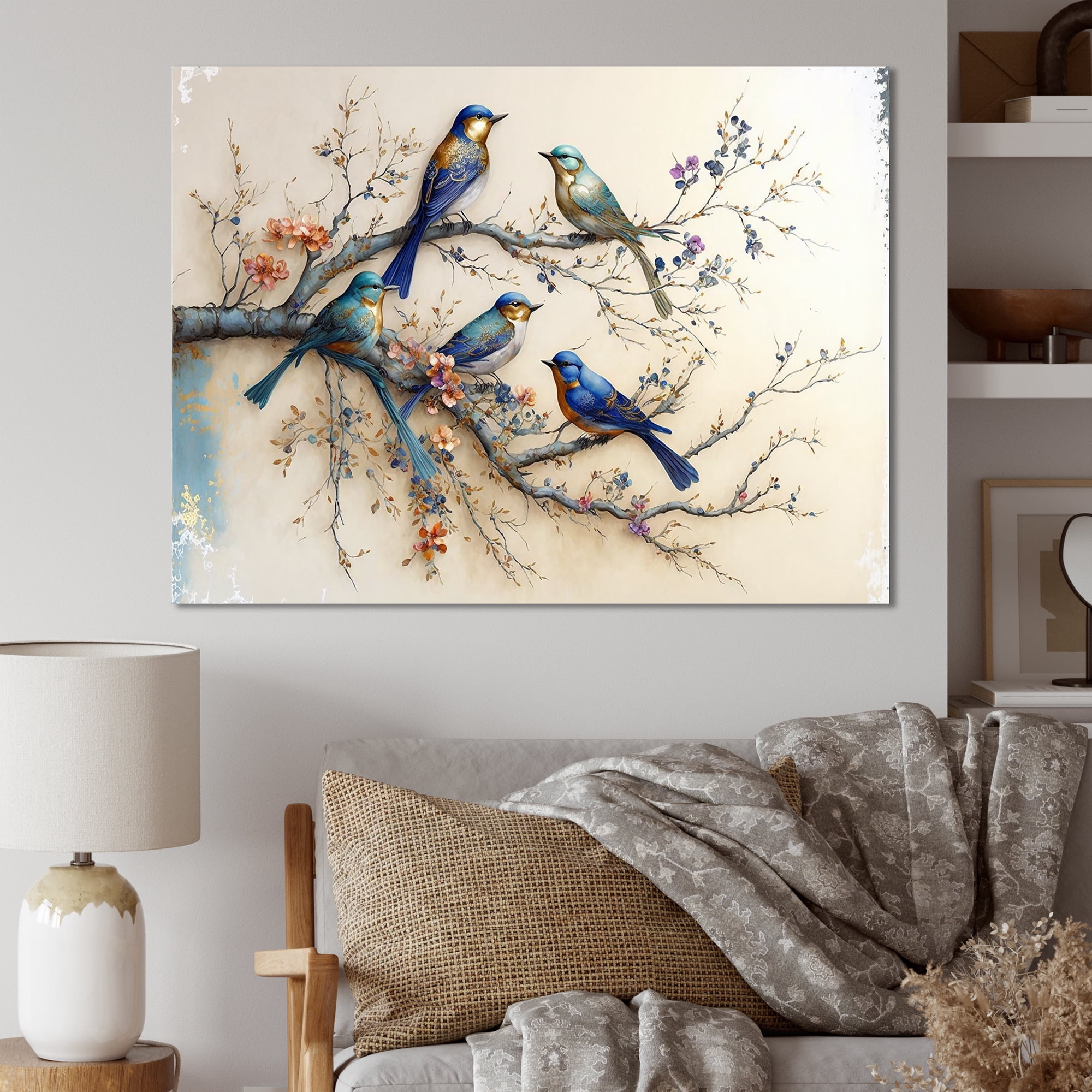 Designart Multicolor Birds On Plum Blossoms Tree X Canvas Wall Art