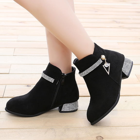 Toddler Little Girls' Sparkly Rhinestone Ankle Boots, Soft Suede Non‑slip Low Heel Lightweight Casual Footwear Black 27