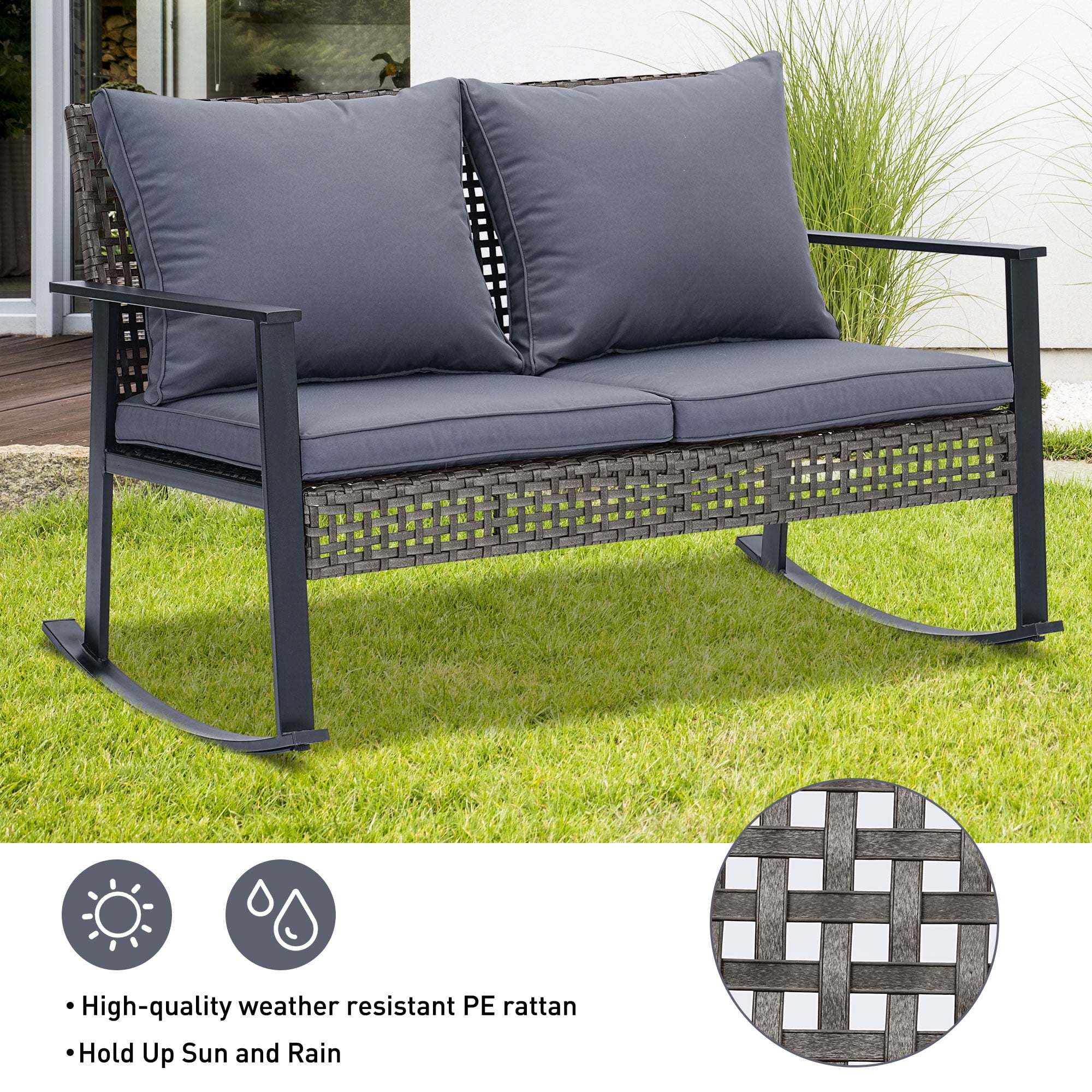 Ainfox Outdoor Patio Furniture Rocking Loveseat, Wicker Rattan Sofa,Grey