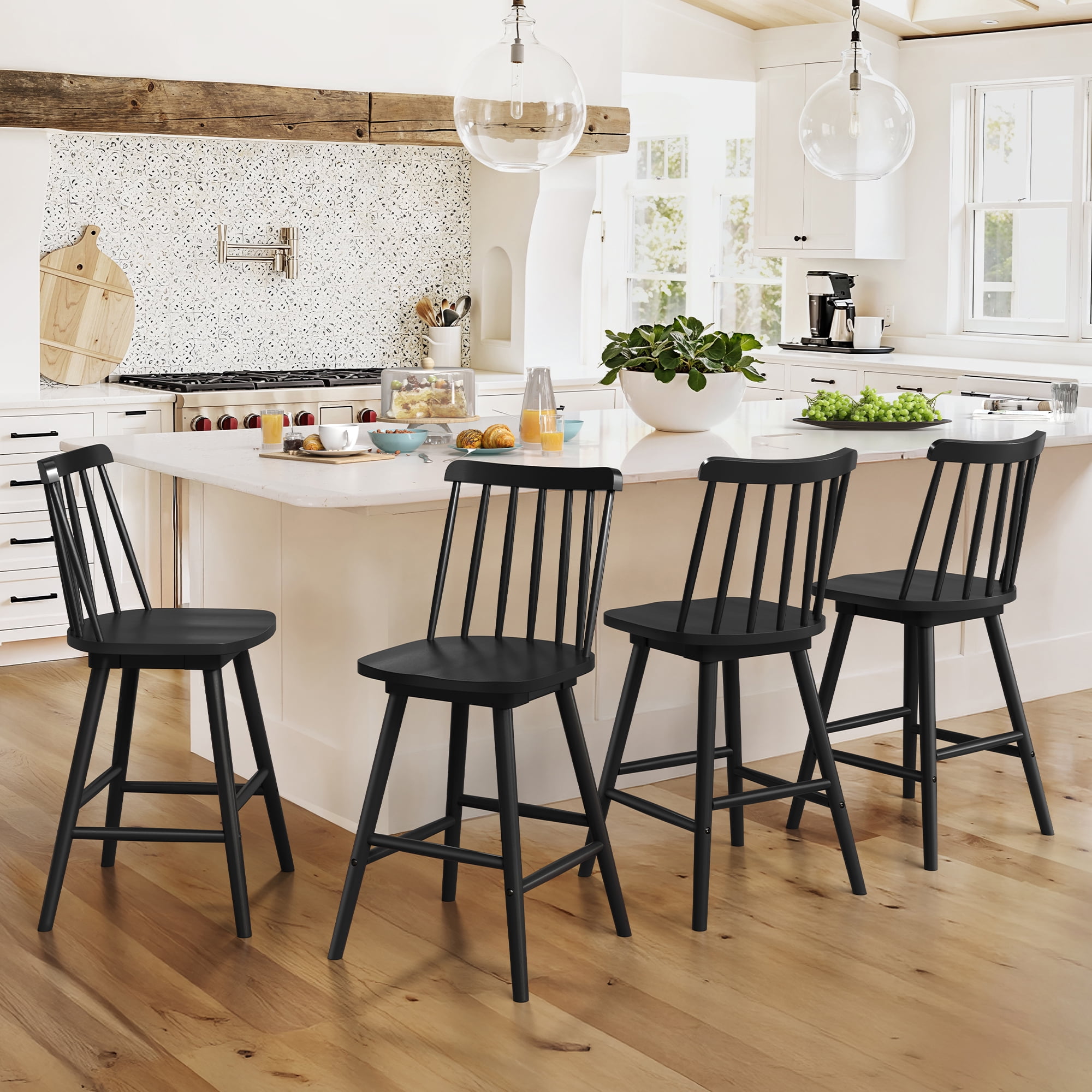Dycanpo 24'' Swivel Wooden Bar Stools Set of 4,Counter Height Bar Stools with Backrest for Kitchen,Black
