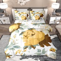 Homewish Chic Rose Floral Bedding Comforter Set 7pcs, White Yellow Watercolor Art Queen Bedding Sets, Retro French Style Reversible Queen Sheet Sets, Ultra Soft Bedroom Decor