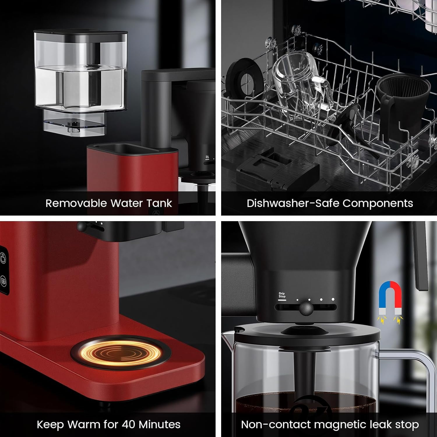 Drip Coffee Brewer with Adjustable Flow, Fast Heating, Keep Warm 40 Mins and Easy Clean Design