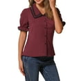 thumbnail image 4 of INSPIRE CHIC Women's Sweet Peter Pan Contrast Collar Short Sleeves Button Up Blouse Tops S Wine Red, 4 of 6