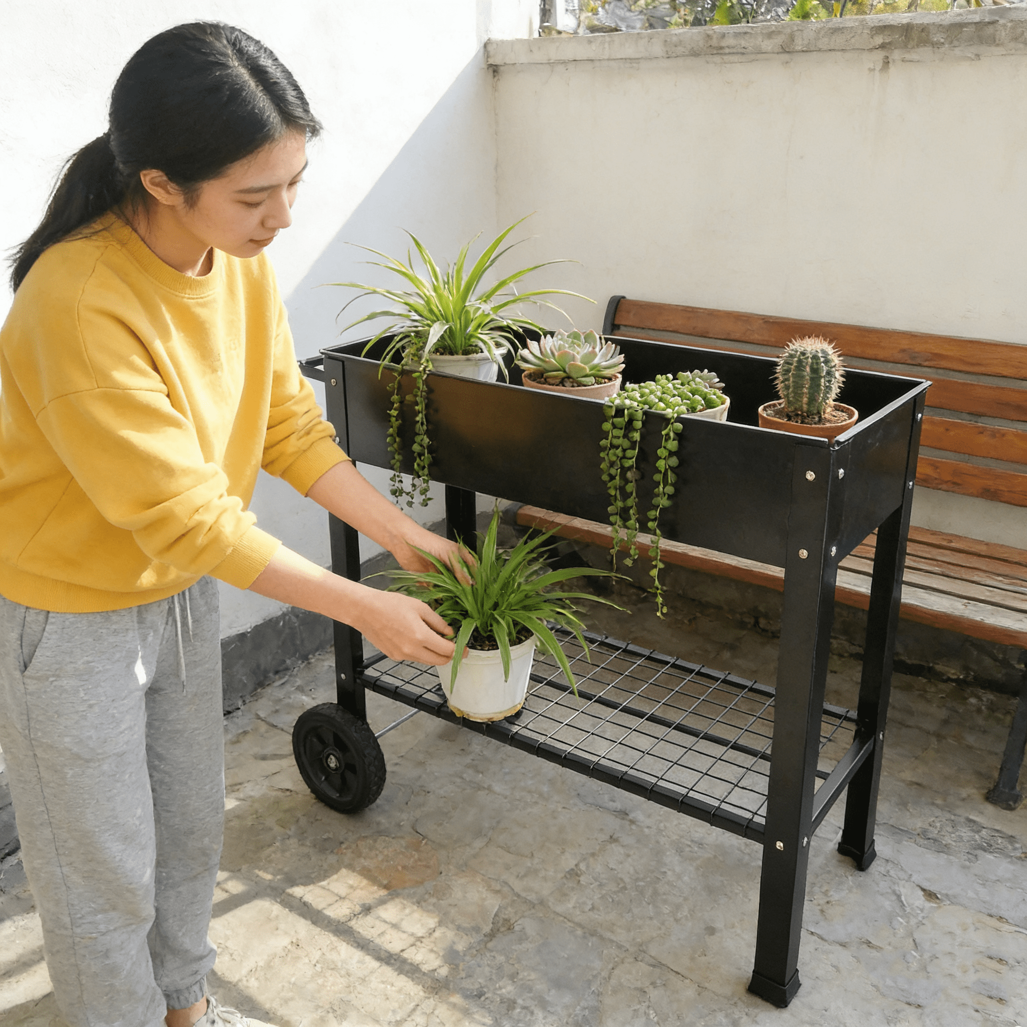 Metal Raised Garden Bed with Legs & Wheels, Elevated Planter Box with Drainage, 200LB Capacity Herb Vegetable Planter for Indoor Outdoor Patio Backyard
