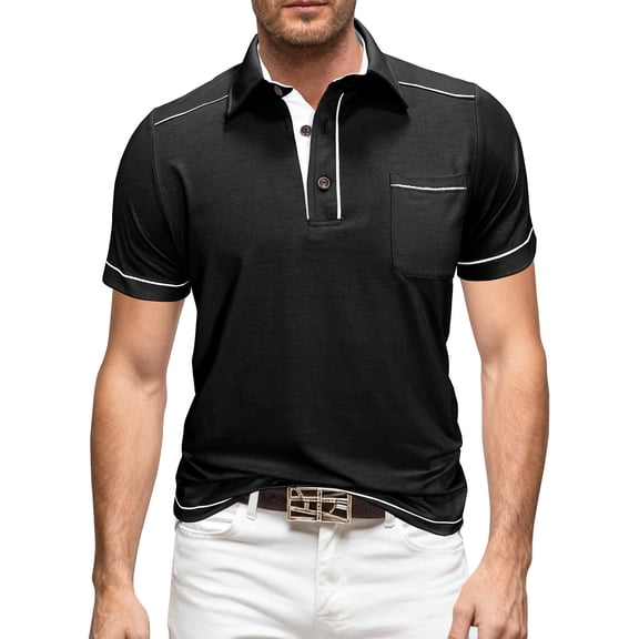 Aobny T Shirt Pocket Button Striped Mens Tshirts Polos Collared Short Sleeve Big & Tall Tee,Black,L