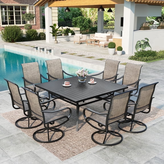SUMMIT LIVING 9-Piece Outdoor Patio Dining Set with Patio Swivel Textilene Chairs and Square Table for 8 Person, Black & Brown Gray