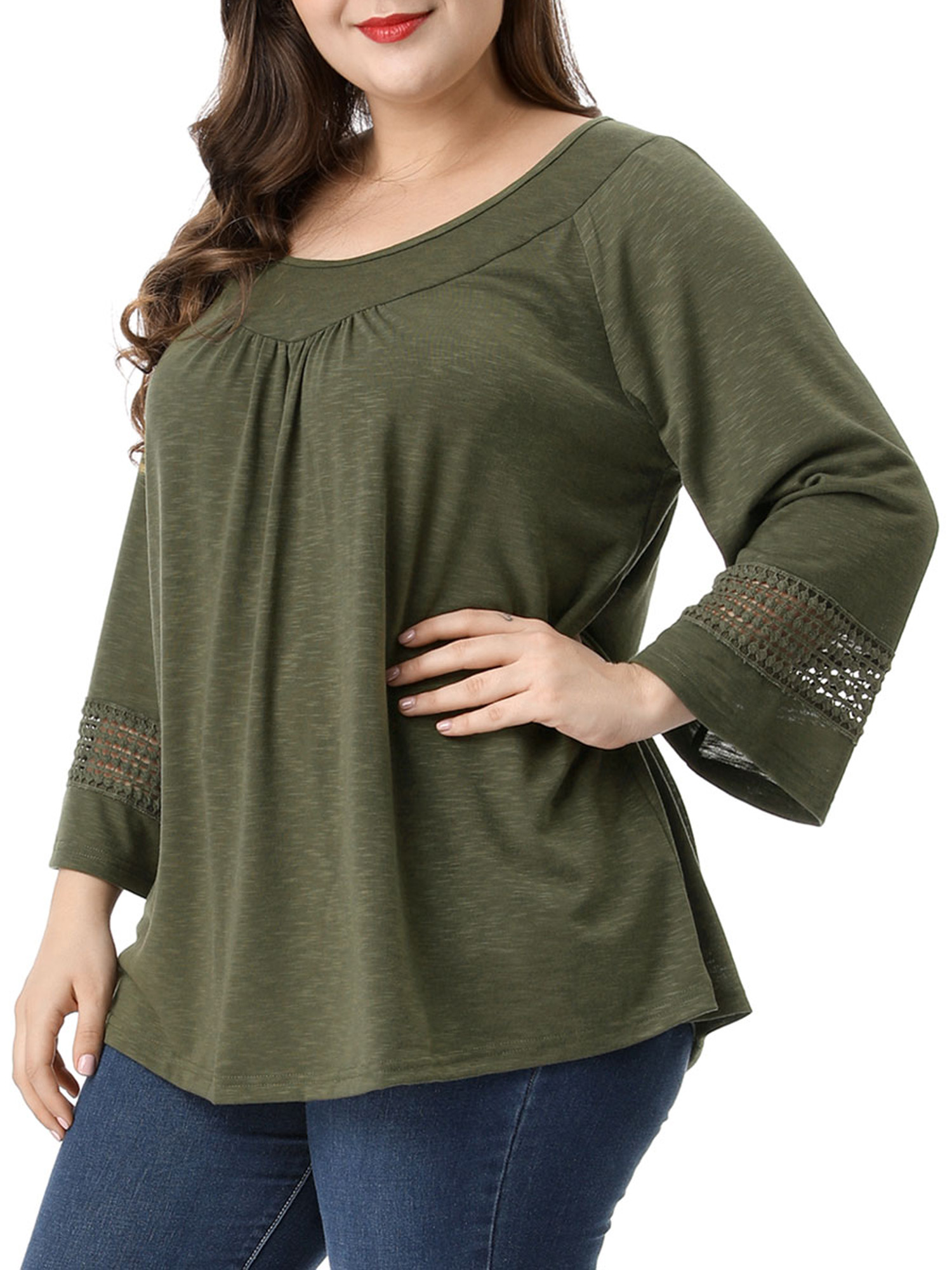 Unique Bargains Juniors' Plus Size Crochet Panel Kimono Raglan Sleeves Ruched Front Top Green 4X