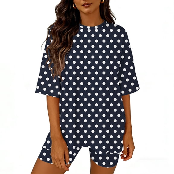 BRGZLK Women's Short Sleeve Sets Summer Fashion Round Neck Polka Dot Short Sleeve Tops and Shorts Loose Lightweight Breathable Comfy Set Black XL