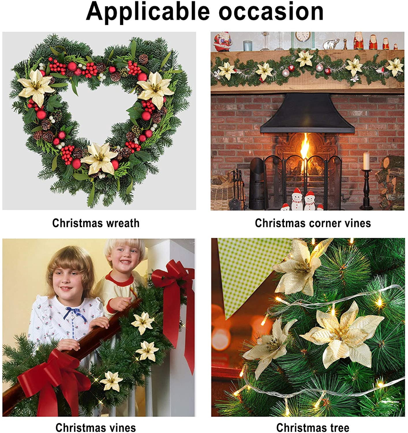 6PCS Glitter Christmas Artificial Flowers Christmas Poinsettia Decor Christmas Tree Wreaths Ornaments for Christmas Home Wedding Party