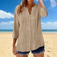 thumbnail image 1 of TaTaai Women’s V Neck Button Front 3/4 Sleeve T Shirts Casual Loose Blouses Pleated Solid Color Linen Blend Polyester Tops Spring Summer Daily Tees Gift, 1 of 9