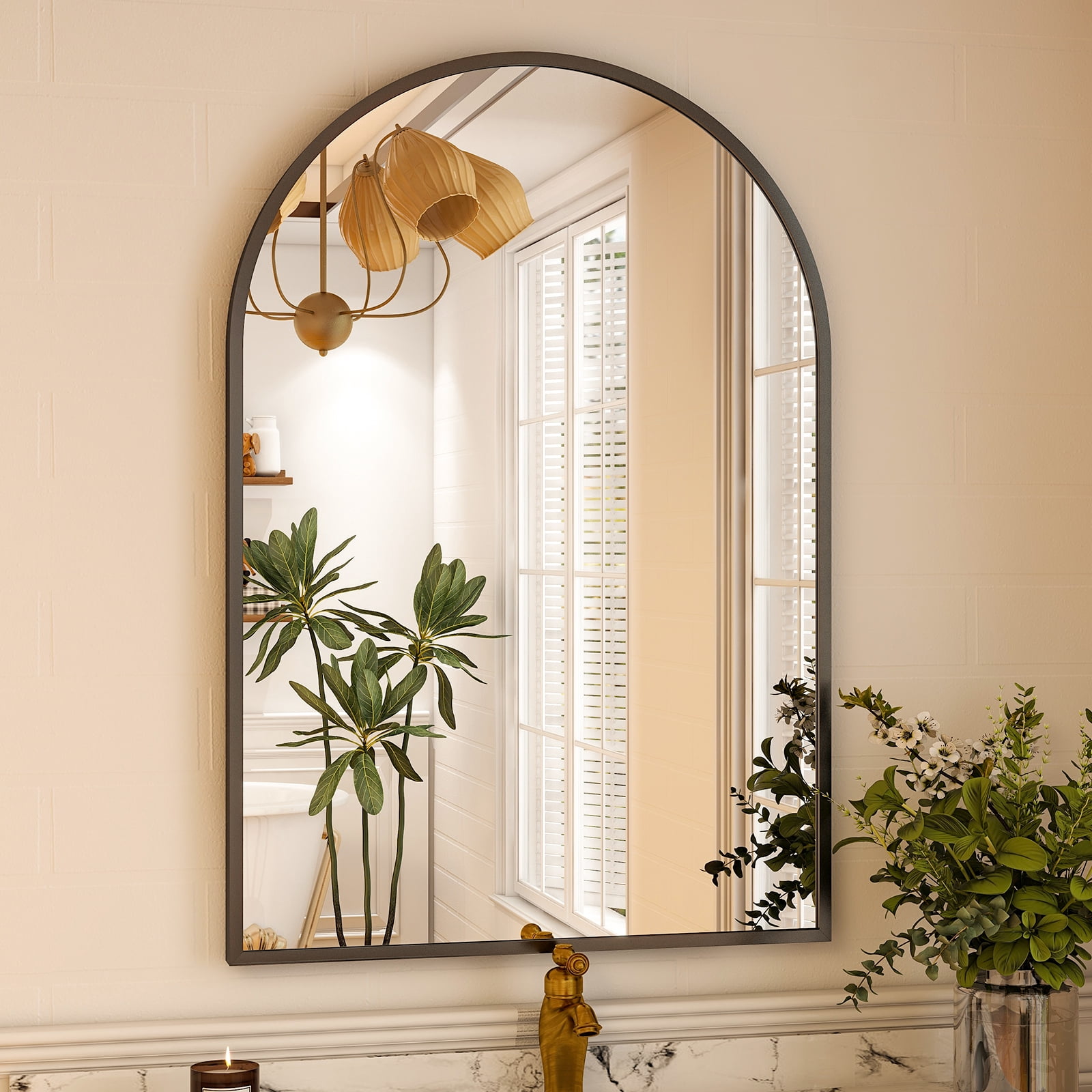 BEAUTYPEAK 26"x38" Arched Bathroom Mirror Wall-mounted Mirror,Black