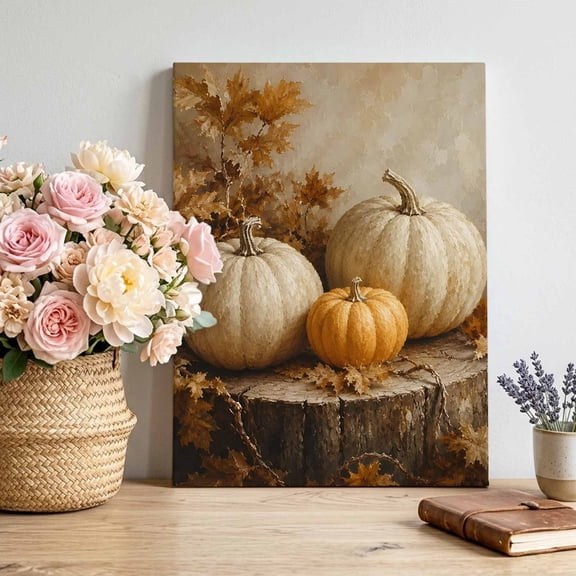 Canvas Wall Art Thanksgiving Pumpkin Canvas Art Print Fall Country Farmhouse Vintage Maple Leaf Pictures Wall Decor for Living Room Bedroom Artwork Decorations Stretched Framed Ready to Hang 12"x16"