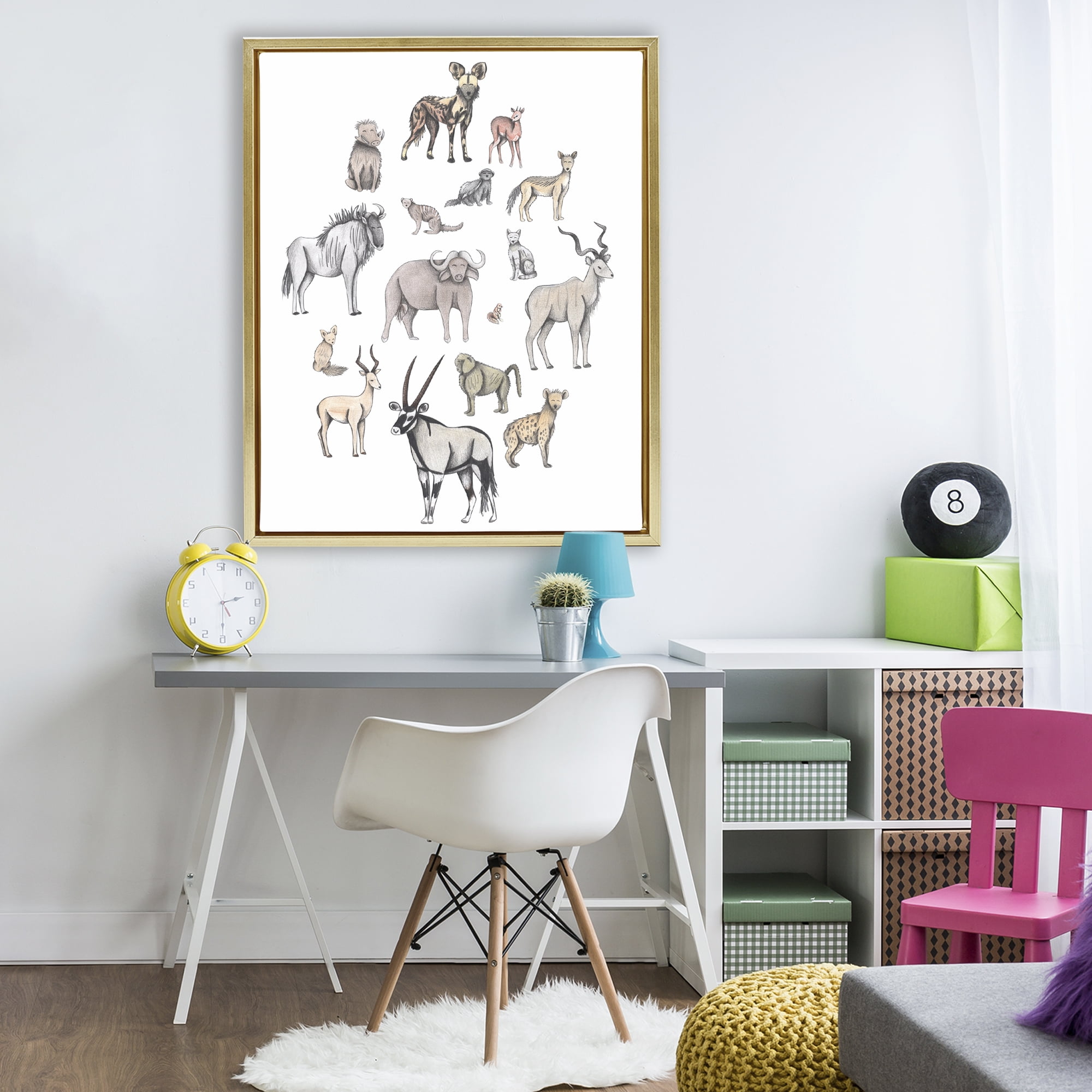 Simple Africa Animals Gold Framed Floater Canvas Wall Art, design by Cecilia Battaini