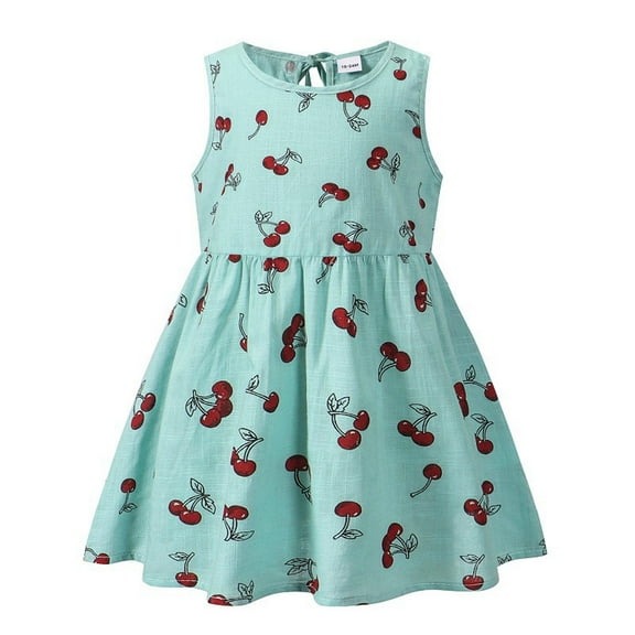 Kiijoy Girls Summer Cherry Print Tank Dress Casual Sleeveless Skater Dress, Sizes 5-6