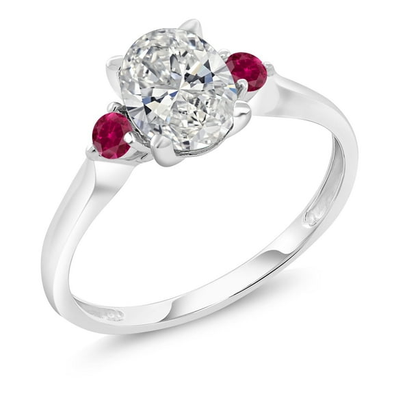 Gem Stone King 1.62 Cttw 10K White Gold IGI Certified Lab Grown Diamond and Created Ruby 3-Stone Engagement Ring for Women | Center Oval 1.5 Ct Diamond | E-F Color | VS1-VS2 Clarity (Size 5)