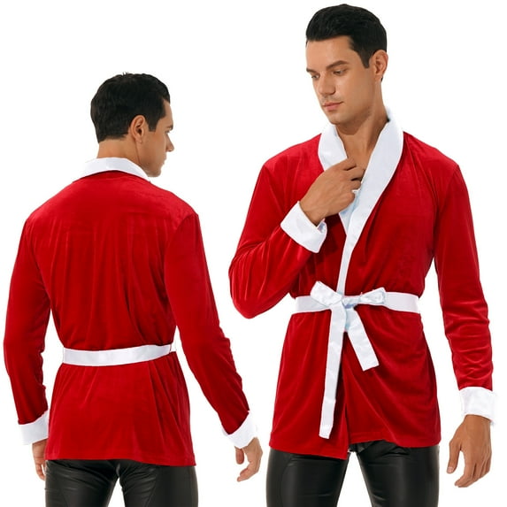 renvena Men's Velvet Christmas Robe Xmas Party Holiday Santa Claus Kimono Bathrobe Shawl Sleepwear