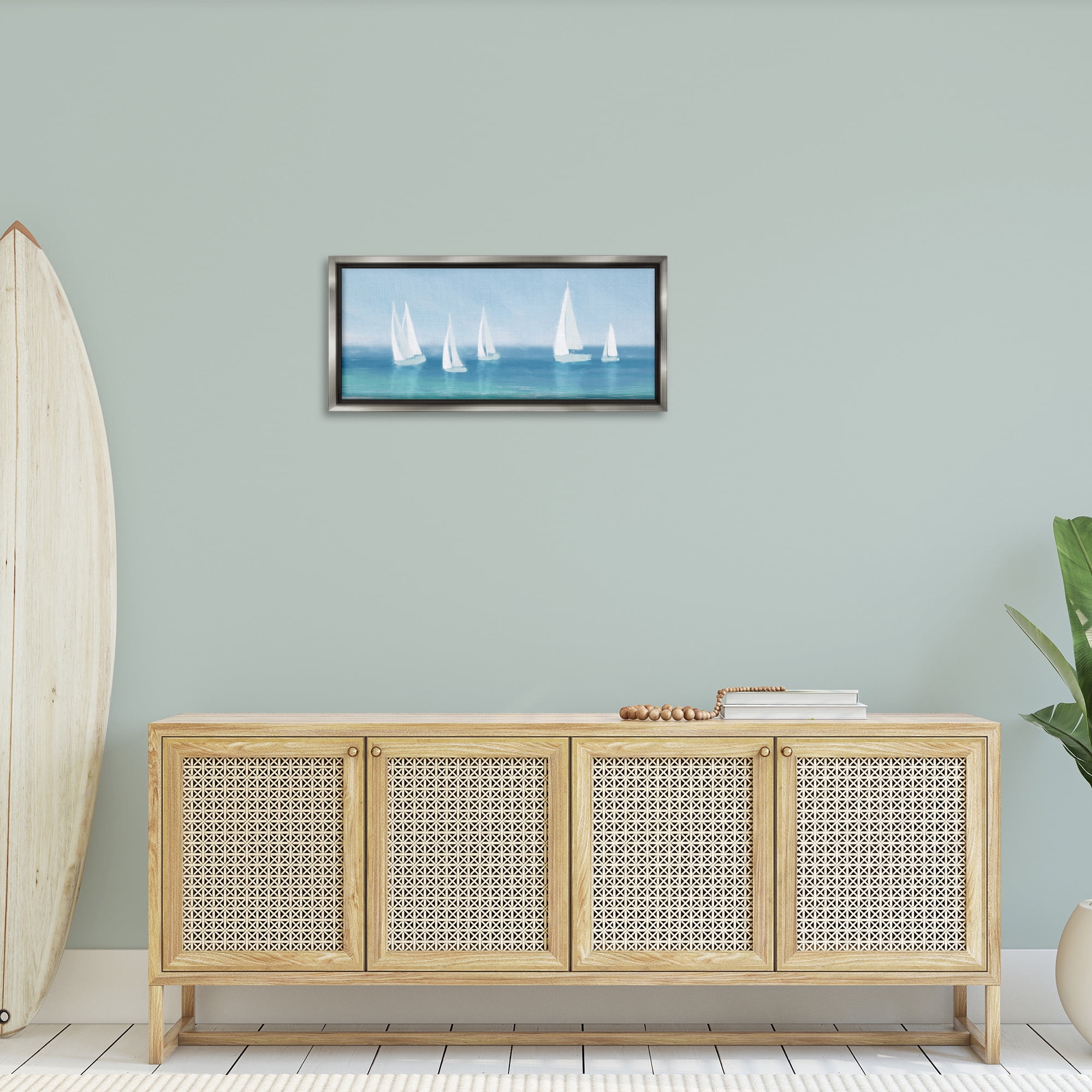 Stupell Industries White Sail Boats Across Coast Nature Painting Gray Floater Framed Canvas Art Print Wall Art, 31 x 14