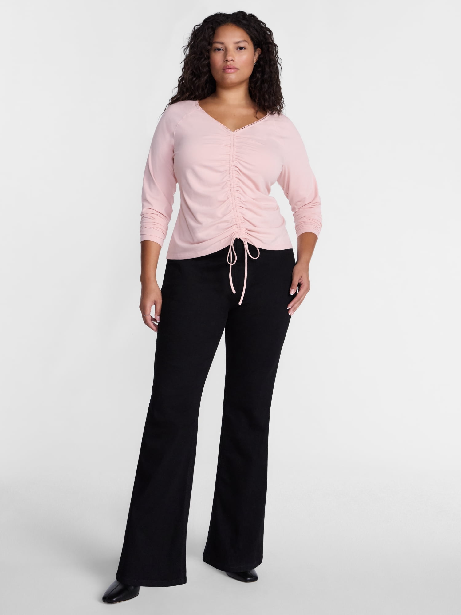 Terra & Sky Women's Plus Ruched Front Tie Hem Top with Long Sleeves, Sizes 0X-5X