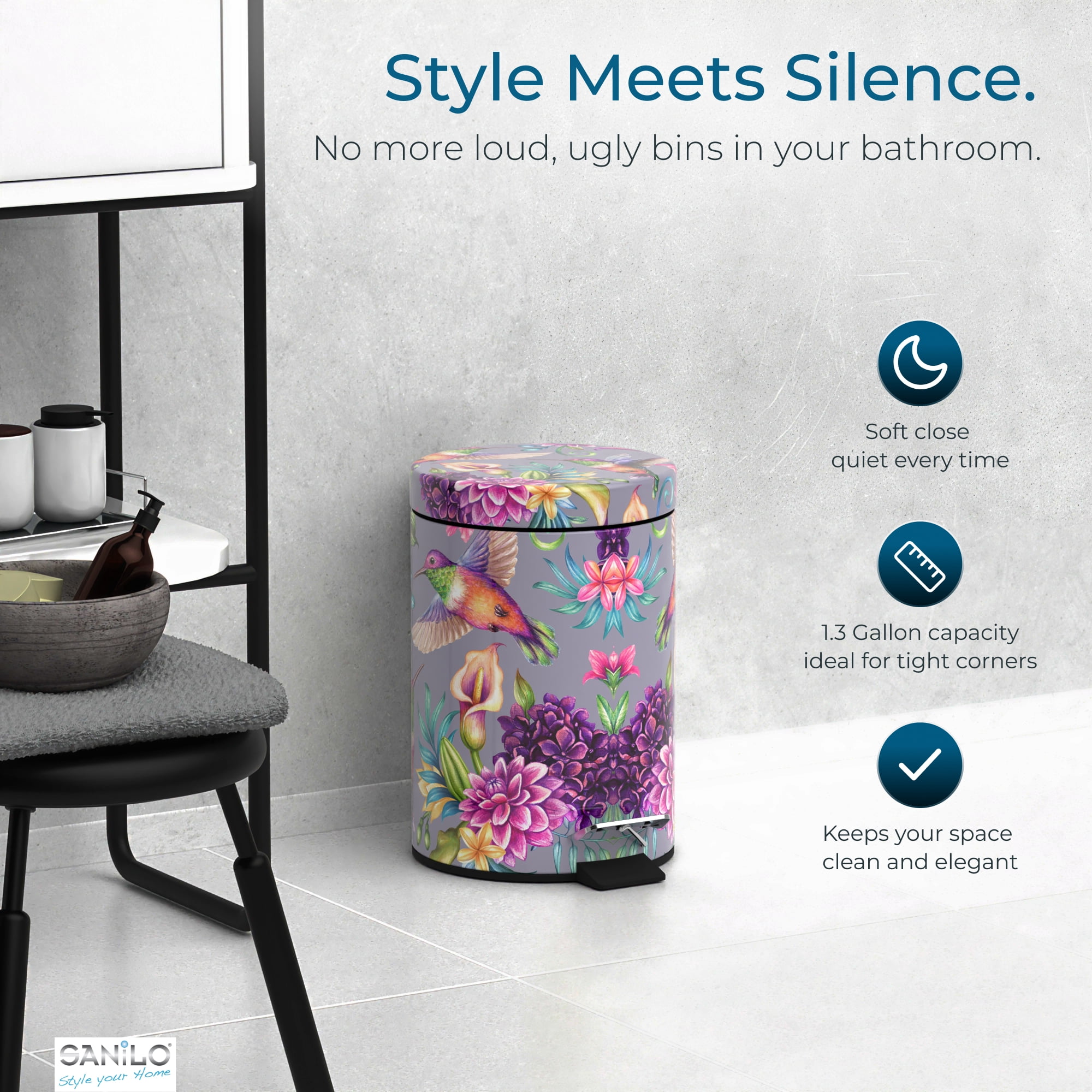 Sanilo Trash Can 1.3 Gallon with Soft Close, Many New Cosmetic and Kitchen Waste Bins Available, Bathroom Bin with Inner Bucket (Hummingbird)