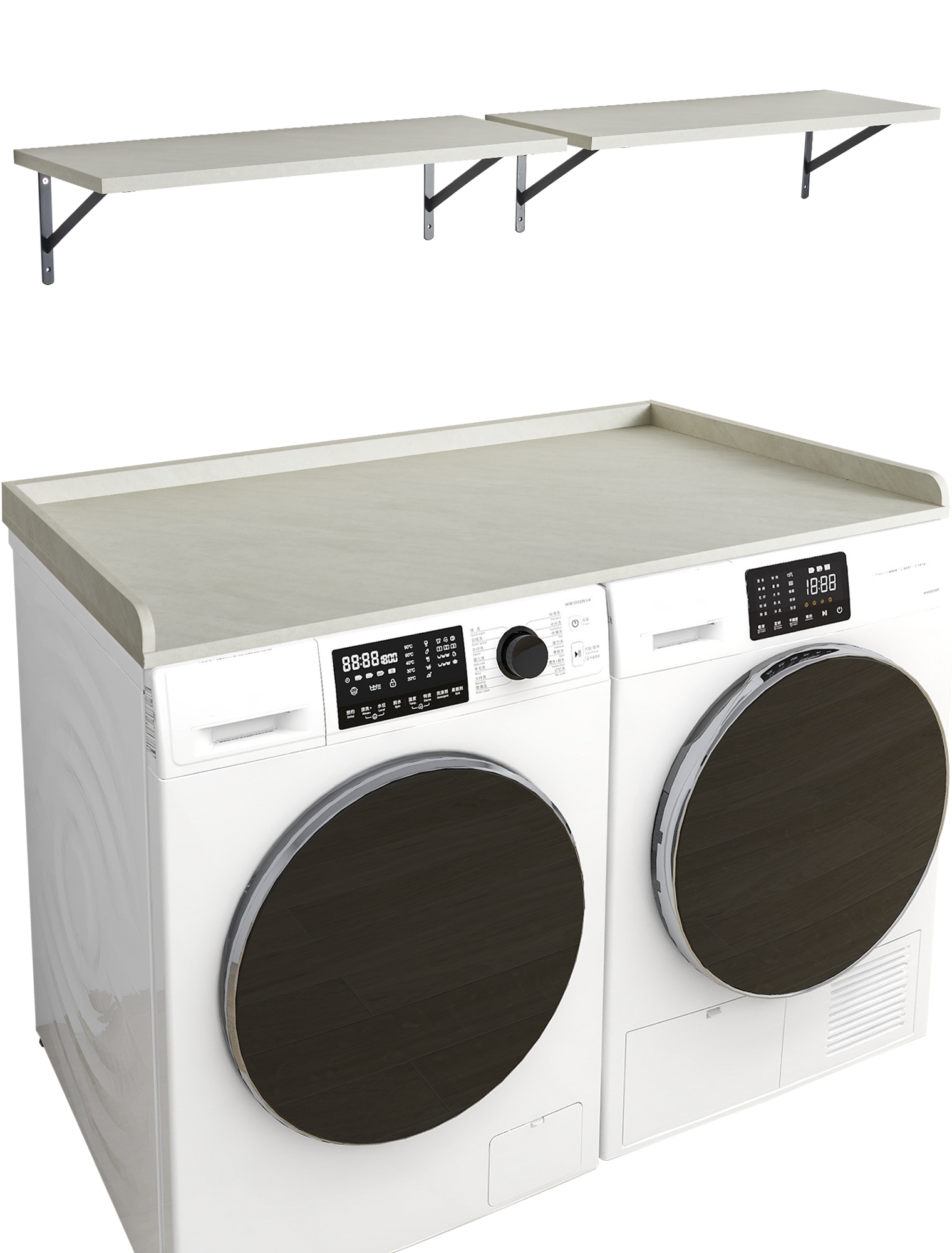 Washer Dryer Countertop and Shelves Set, Melamine Countertop with Edge Rails 27.5" Depth x 54
