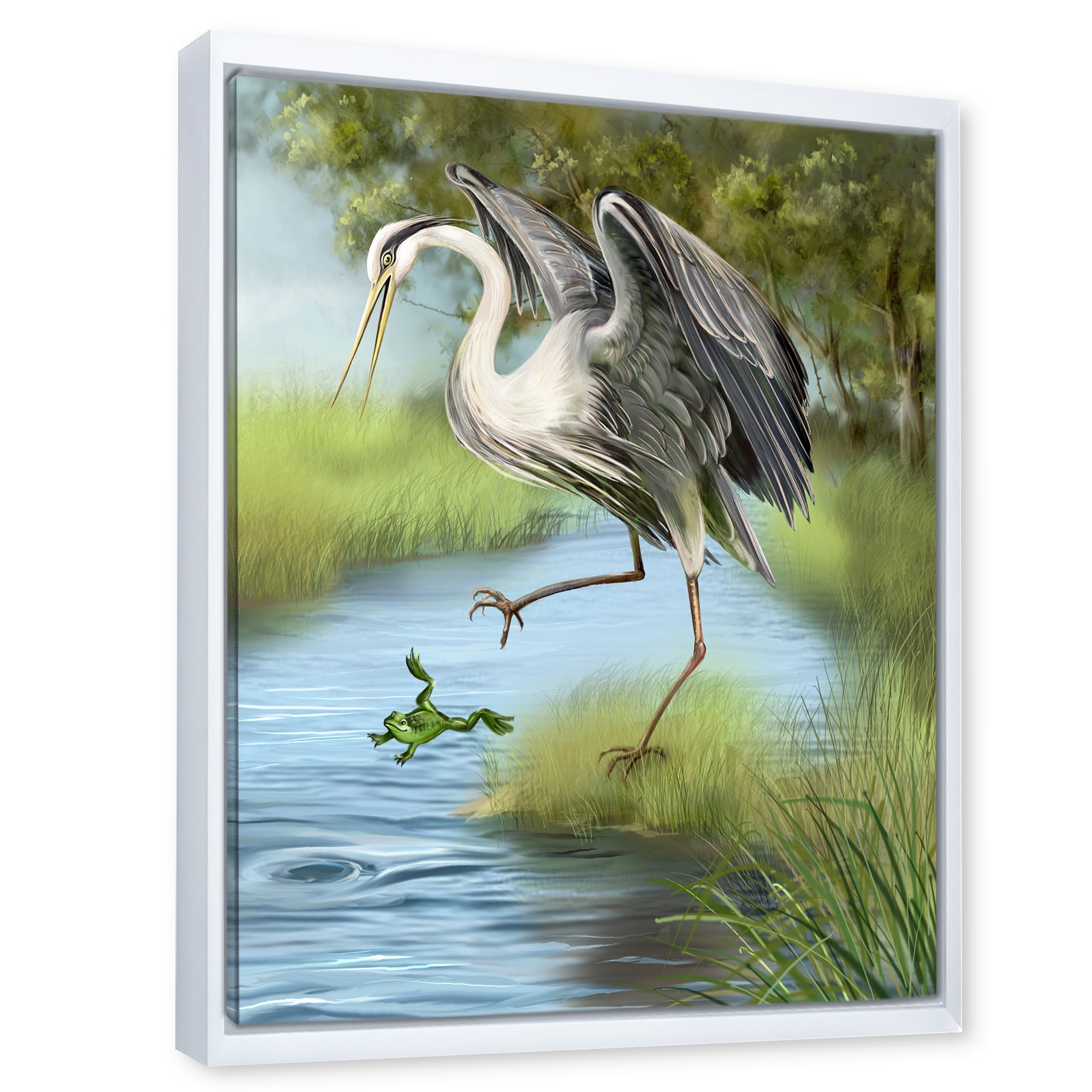 Designart 'Crane Hunting A Frog' Farmhouse Framed Canvas Wall Art Print