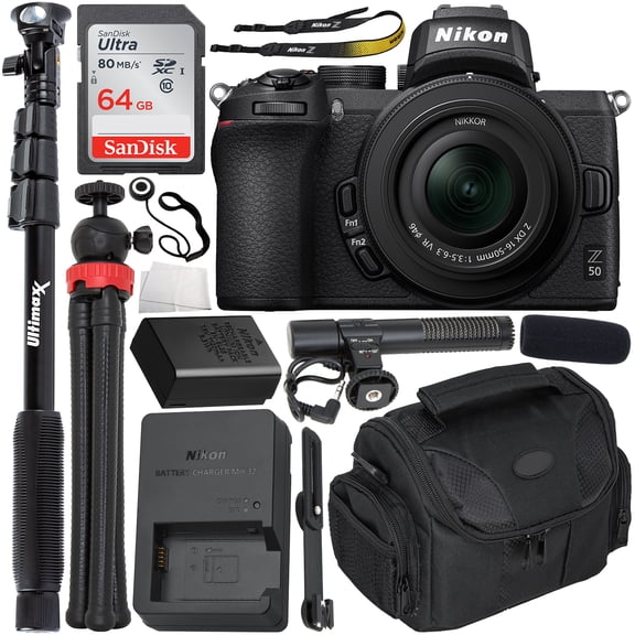 Nikon Z50 Mirrorless Digital Camera with 16-50mm Lens & Must-Have Starter YouTube Vlogging Bundle - Includes: SanDisk Ultra 64GB SDXC Memory Card   Universal Unidirectional Condenser Microphone   MORE