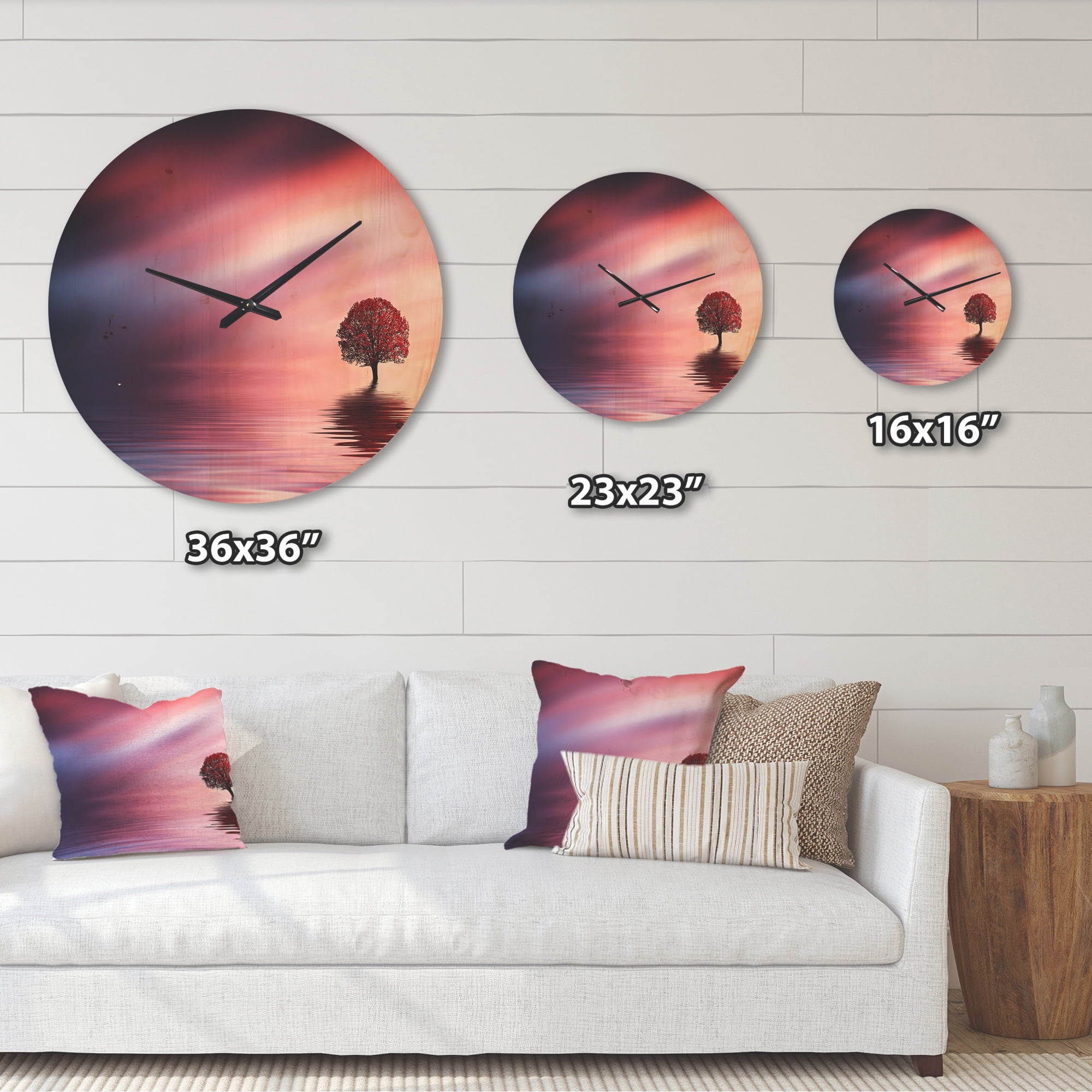 Designart 'Astonishing Lonely Red Floral Tree In Lake' Modern Wood Wall Clock