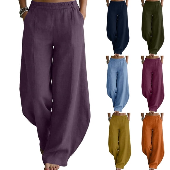 Pisexur Harem Pants Women Loose Cotton Linen Women's Pants Fashion Casual Elastic Waist Boho Lounge Trousers Vintage Wide Leg Linen Pants Women S-2XL,Orange