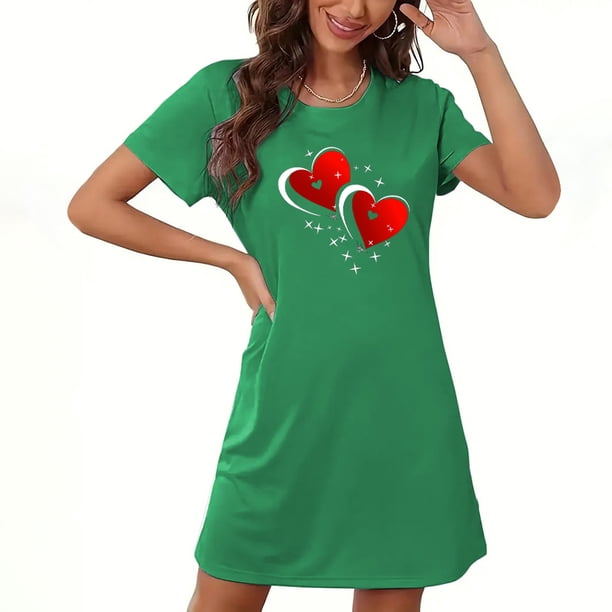 Camisón corto de San Valentín para mujer, talla grande, estampado en el pecho, cuello redondo, manga corta