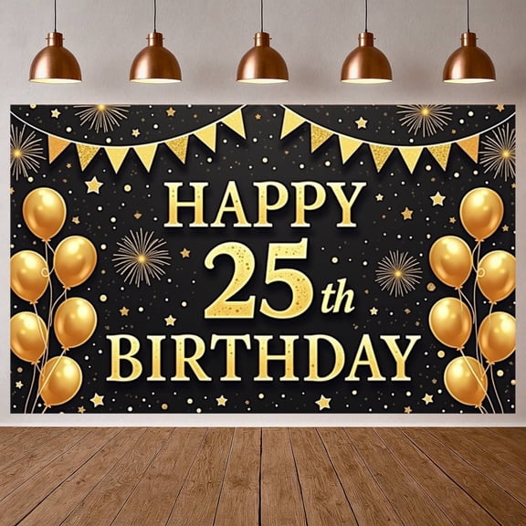 Golden Theme Happy 25th Birthday Banner Black Background 25th Birthday Display Shiny Stars Golden Balloons Birthday Party Backdrop for 25th Birthday Party Indoor Decoration Party Photo Shoot