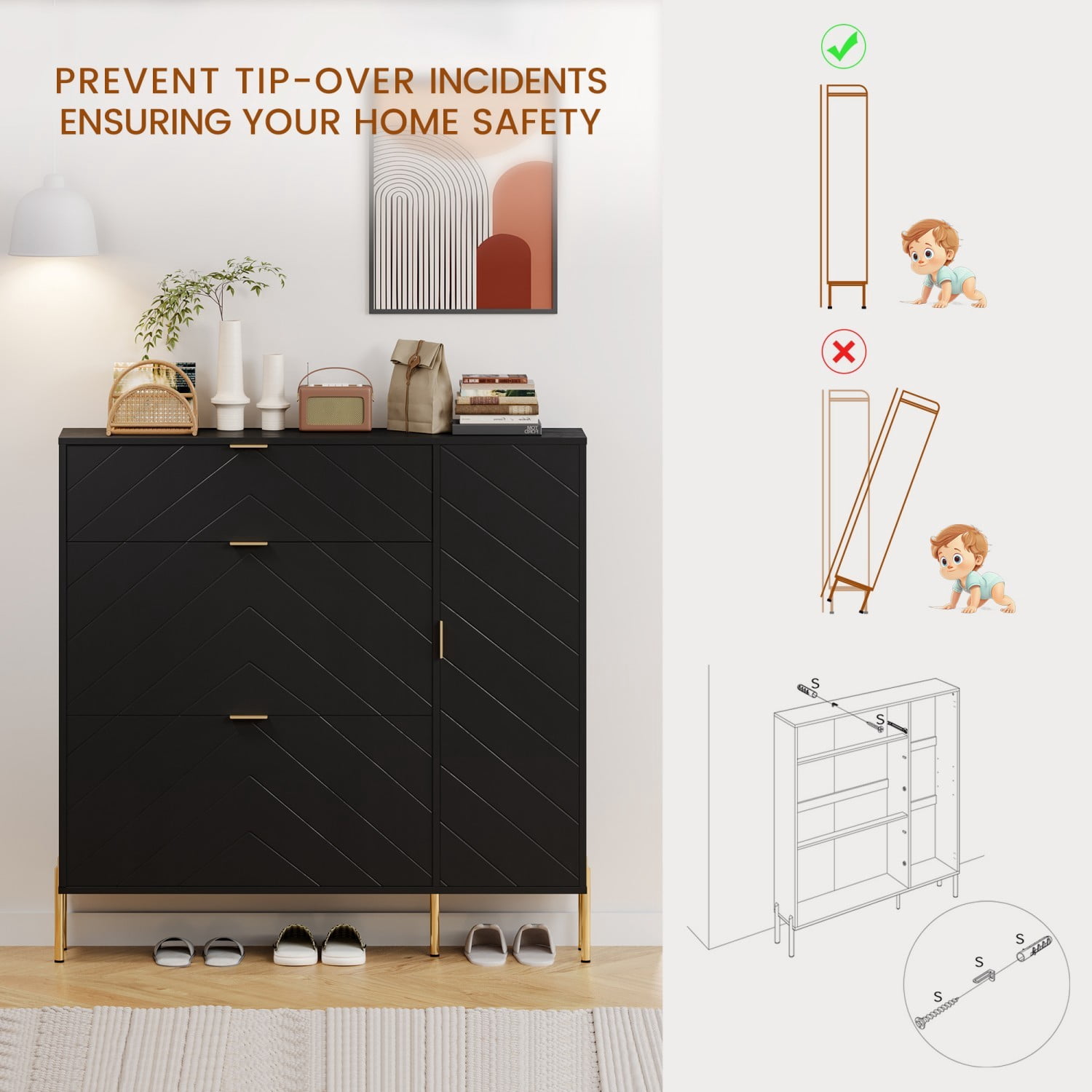 MDF Shoe Storage Cabinet with Flip Drawers & Adjustable Shelves, Modern Entryway Shoe Organizer Cabinet, Black