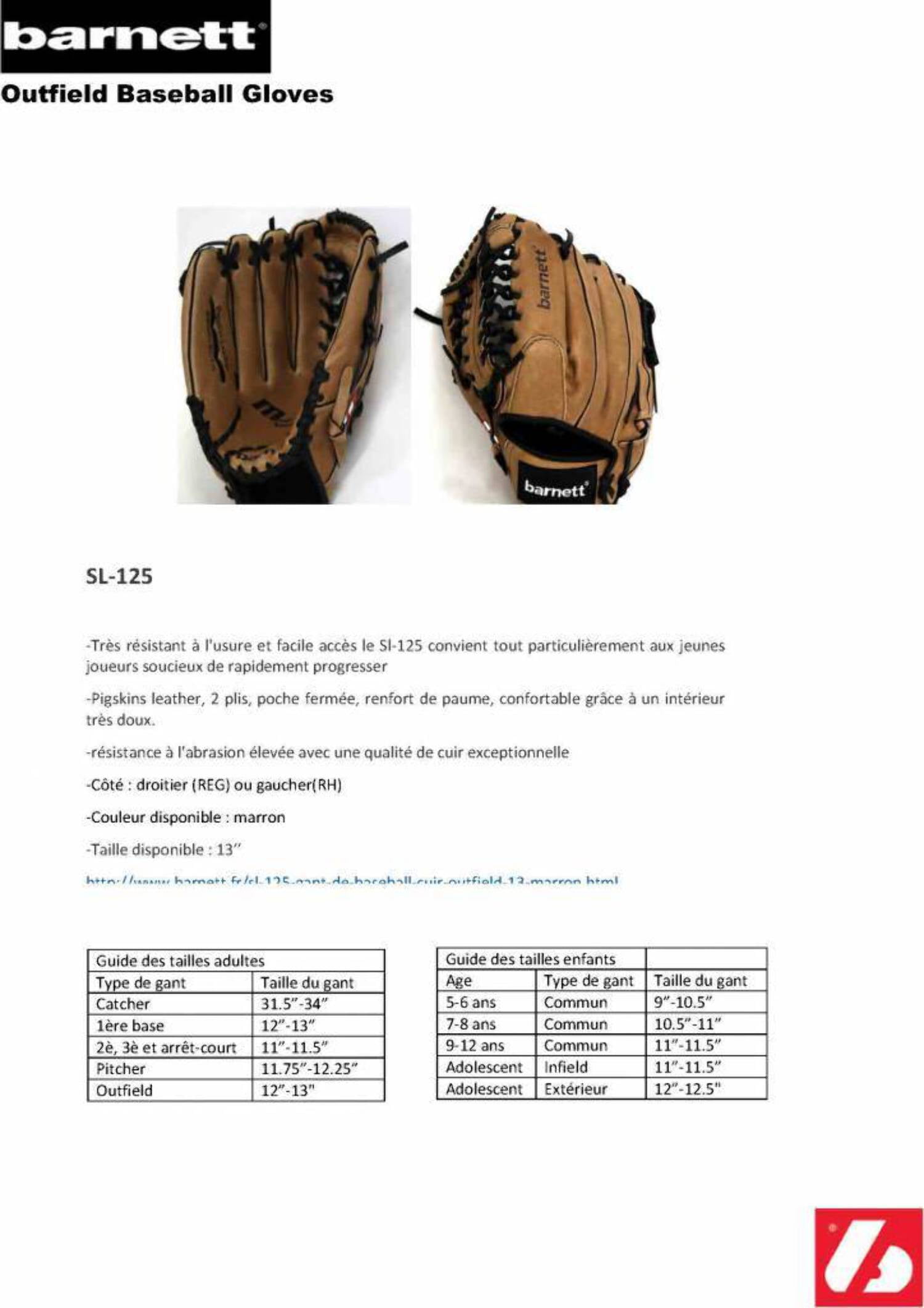 Barnett Sl-125 12,5 Baseball Gloves, Leather, Outfield, Right Hand Throw